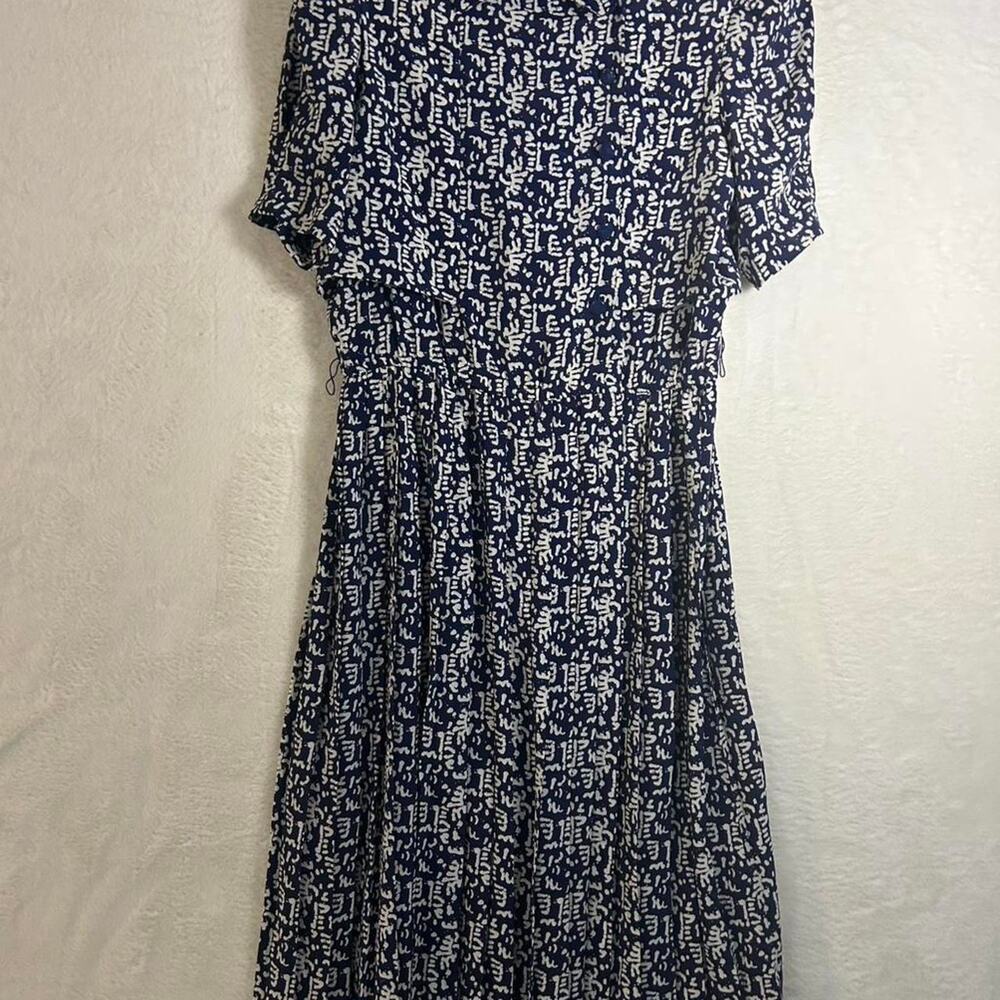 Liz Petites Vintage Navy White Abstract Print Midi Dress Short Sleeve 10P